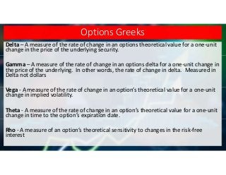 Options Greeks
Delta – A measure of the rate of change in an options theoretical value for a one-unit
change in the price of the underlying security.
Gamma – A measure of the rate of change in an options delta for a one-unit change in
the price of the underlying. In other words, the rate of change in delta. Measured in
Delta not dollars
Vega - A measure of the rate of change in an option’s theoretical value for a one-unit
change in implied volatility.
Theta - A measure of the rate of change in an option’s theoretical value for a one-unit
change in time to the option’s expiration date.
Rho - A measure of an option’s theoretical sensitivity to changes in the risk-free
interest
 