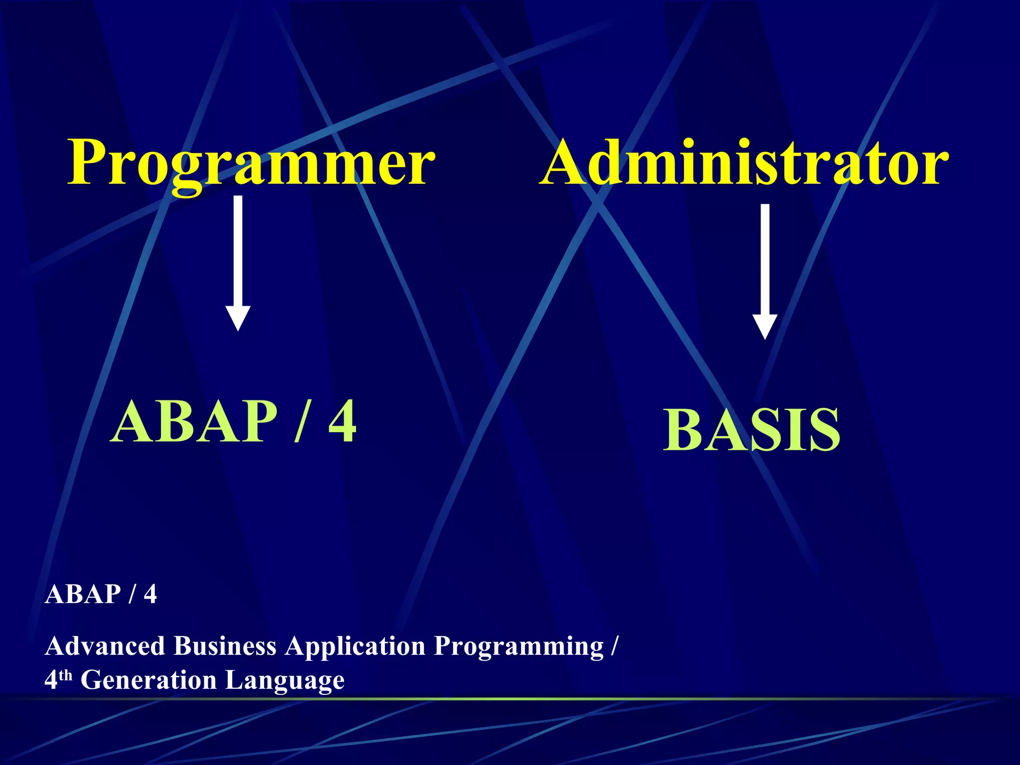 Programmer Administrator ABAP / 4 BASIS ABAP / 4  Advanced Business Application Programming / 4 th  Generation Language 