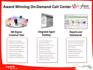 Single view of customer interactions across channels Full customer history from marketing & sales to support Deliver promised levels of service through entitlements Make customers more  successful by suggesting additional products/services Turn any browser into a call center desktop Blazingly fast & easy to use Single click access to all the right information  Soft-phone that works with 80+ telephony platforms Respond faster with call-  scripting, click-to-dial, screen-  pops, and call logs Stay on top of customer SLAs to ensure on-time resolution Optimize agent workload &  performance Manage telephony and  support metrics to improve customer experience Create reports and  dashboard with a few clicks Award Winning On-Demand Call Center 360 Degree  Customer View Integrated Agent Desktop Reports and Dashboards 