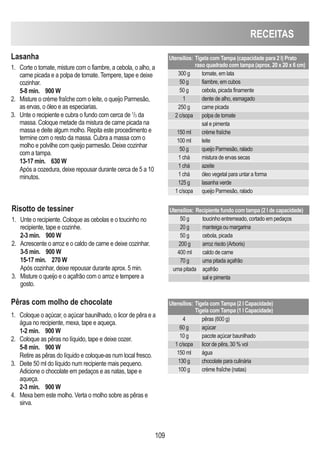 109
RECEITAS
Lasanha
1. Corte o tomate, misture com o fiambre, a cebola, o alho, a
carne picada e a polpa de tomate. Tempere, tape e deixe
cozinhar.
5-8 min. 900 W
2. Misture o crème fraîche com o leite, o queijo Parmesão,
as ervas, o óleo e as especiarias.
3. Unte o recipiente e cubra o fundo com cerca de 1
/3 da
massa. Coloque metade da mistura de carne picada na
massa e deite algum molho. Repita este procedimento e
termine com o resto da massa. Cubra a massa com o
molho e polvilhe com queijo parmesão. Deixe cozinhar
com a tampa.
13-17 min. 630 W
Após a cozedura, deixe repousar durante cerca de 5 a 10
minutos.
Utensílios: Tigela com Tampa (capacidade para 2 l) Prato
raso quadrado com tampa (aprox. 20 x 20 x 6 cm)
300 g tomate, em lata
50 g fiambre, em cubos
50 g cebola, picada finamente
1 dente de alho, esmagado
250 g carne picada
2 c/sopa polpa de tomate
sal e pimenta
150 ml crème fraîche
100 ml leite
50 g queijo Parmesão, ralado
1 chá mistura de ervas secas
1 chá azeite
1 chá óleo vegetal para untar a forma
125 g lasanha verde
1 c/sopa queijo Parmesão, ralado
Risotto de tessiner
1. Unte o recipiente. Coloque as cebolas e o toucinho no
recipiente, tape e cozinhe.
2-3 min. 900 W
2. Acrescente o arroz e o caldo de carne e deixe cozinhar.
3-5 min. 900 W
15-17 min. 270 W
Após cozinhar, deixe repousar durante aprox. 5 min.
3. Misture o queijo e o açafrão com o arroz e tempere a
gosto.
Utensílios: Recipiente fundo com tampa (2 l de capacidade)
50 g toucinho entremeado, cortado em pedaços
20 g manteiga ou margarina
50 g cebola, picada
200 g arroz risoto (Arboris)
400 ml caldo de carne
70 g uma pitada açafrão
uma pitada açafrão
sal e pimenta
Pêras com molho de chocolate
1. Coloque o açúcar, o açúcar baunilhado, o licor de pêra e a
água no recipiente, mexa, tape e aqueça.
1-2 min. 900 W
2. Coloque as pêras no líquido, tape e deixe cozer.
5-8 min. 900 W
Retire as pêras do líquido e coloque-as num local fresco.
3. Deite 50 ml do líquido num recipiente mais pequeno.
Adicione o chocolate em pedaços e as natas, tape e
aqueça.
2-3 min. 900 W
4. Mexa bem este molho. Verta o molho sobre as pêras e
sirva.
Utensílios: Tigela com Tampa (2 l Capacidade)
Tigela com Tampa (1 l Capacidade)
4 pêras (600 g)
60 g açúcar
10 g pacote açúcar baunilhado
1 c/sopa licor de pêra, 30 % vol
150 ml água
130 g chocolate para culinária
100 g crème fraîche (natas)
 