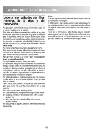 MEDIDAS IMPORTANTES DE SEGURIDAD
122
deberían ser realizados por niños
menores de 8 años y sin
supervisión.
Noapoyarseniagarrarsedelapuertadelhorno.Nojueguecon
el horno ni lo utilice como un juguete.
Alosniñosselesdebeenseñartodaslasmedidasdeseguridad
importantes tales como la utilización de guantes o manoplas
para no quemarse, retirar con cuidado las envolturas de las
comidas y tener un cuidado especial con los alimentos (por ej.,
los envueltos en materiales autocalentables) diseñados para
tostarlacomidaporquepuedequeesténdemasiadocalientes.
Otras Notas
No intente nunca hacer ninguna modificación en el horno.
Este horno es para preparar solamente comidas en el hogar y
debe utilizarse sólo para cocinar alimentos. No es adecuado
para utilizarlo con fines comerciales o de laboratorio.
Para prevenir averías en el horno y para no estropearlo,
tenga en cuenta lo siguiente
No haga funcionar el horno cuando esté vacío.
Si utiliza algún plato para dorar o materiales autocalentables,
coloquesiempredebajounaisladortermorresistentecomo,por
ejemplo, un plato de porcelana para evitar que se estropee el
plato giratorio y el soporte del rodillo debido al esfuerzo
calorífico. No debe sobrepasar el tiempo de precalentamiento
especificado en las instrucciones del plato.
No utilice utensilios de metal que reflejan las microondas y
pueden ocasionar arcos o chispas eléctricas. No ponga nunca
latas en el horno.
Utilice sólo el plato giratorio y el soporte del rodillo diseñados
para este horno. No hacer funcionar el horno sin el plato
giratorio.
Para evitar que se rompa el plato giratorio:
a) Antes de limpiar el plato giratorio con agua, déjelo enfriar.
b) No ponga comidas ni utensilios calientes sobre un plato
giratorio frío.
c) No ponga comidas ni utensilios fríos sobre un plato
giratorio caliente.
Nocoloquenadaenlapartesexterioresdelhornomientrasestá
funcionando.
Notas:
Sinoestásegurodecómoconectarelhorno,sírvaseconsultar
a un electricista homologado.
Nielfabricantenielproveedoraceptanresponsabilidadalguna
por cualquier avería del horno o heridas personales sufridas
por dejar de observar el procedimiento correcto de conexión
eléctrica.
Puede que se forme vapor o gotas de agua algunas veces en
las paredes del horno o cerca del perimetro de la puerta y de
las superficies del marco. Esto es bastante normal y no indica
que haya ninguna fuga de microondas ni ninguna avería.
 