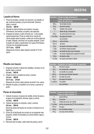 RECETAS
137
Risotto con bacon
1. Engrasar la fuente. Colocar las cebollas y el bacon en la
fuente, tapar y cocinar.
2-3 min. 900 W
2. Añadir el arroz y el caldo de carne y cocinar.
3-5 min. 900 W
15-17 min. 270 W
Después de cocinar, dejar reposar durante 5 min. aprox.
3. Mezclar el queso y el azafrán con el arroz y sazonar al
gusto.
Utensilios: Recipiente con tapadera (2 l. de capacidad)
50 g de bacon picado
20 g de mantequilla o margarina
50 g de cebolla muy picada
200 g de arroz para rissotto (Arboris)
400 ml de caldo de carne
70 g de queso Emmental
un pellizco de azafrán
sal y pimienta
Peras al chocolate
1. Colocar el azúcar, el azúcar de vainilla, el licor de pera y
el agua en el recipiente, remover, tapar y cocinar.
1-2 min. 900 W
2. Colocar las peras en el líquido, cubrir y cocinar.
5-8 min. 900 W
Sacar las peras del líquido de cocción e introducir en el
frigorífico.
3. Echar 50 ml del líquido de cocción en el recipiente más
pequeño.Añadir el chocolate y la crème fraîche, tapar y
cocinar.
2-3 min. 900 W
4. Remover bien la salsa, verter sobre las peras y servir.
Utensilios: Fuente con tapa (volumen 2 l)
Fuente con tapa (volumen 1 l)
4 peras (600 g)
60 g de azúcar
10 g bolsita de azúcar de vainilla
1 CuSop de licor de peras (de 270 W en volumen)
150 ml de agua
130 g de chocolate amargo
100 g de nata (crème fraîche)
Lasaña al Horno
1. Picar los tomates, mezclar con el jamón y la cebolla, el
ajo, la ternera picada y el puré de tomate. Sazonar,
tapar y cocinar.
5-8 min. 900 W
2. Mezclar la crème fraîche con la leche, el queso
Parmesano, las hierbas, el aceite y las especias.
3. Engrasar la fuente y cubrir el fondo con 1
/3 de la pasta
aproximadamente. Poner la mitad de la mezcla de
carne picada sobre la pasta y verter por encima parte de
la salsa. Repetir y terminar con la pasta restante. Cubrir
la pasta con salsa y espolvorear con queso Parmesano.
Cocinar con la tapadera puesta.
13-17 min. 630 W
Después de cocinar, dejar reposar durante 5-10 min.
aprox.
Utensilios: Fuente con tapa (volumen 2 l)
Fuente cuadradapoco profunda con tapadera
(aprox. 20 x 20 x 6 cm)
300 g de tomates de lata
50 g de jamón picado
50 g cebolla, bien picada
1 diente de ajo, machacado
250 g de carne ternera de vaca
2 CuSop de pulpa de tomate
sal, pimienta
150 ml crème fraîche
100 ml de leche
50 g de queso Parmesano rallado
1 Cdta de hierbas mixtas picadas
1 Cdta de aceite de oliva nuez moscada
1 Cdta de aceite vegetal para engrasar la fuente
125 g de lasaña verde
1 CuSop de queso parmesano rallado
 