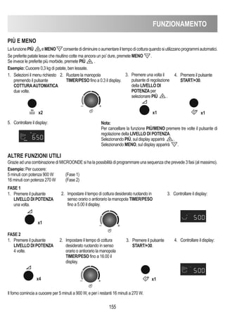 155
PIÙ E MENO
x2
LafunzionePIÙ eMENO consentedidiminuireoaumentareiltempodicotturaquandosiutilizzanoprogrammiautomatici.
Se preferite patate lesse che risultino cotte ma ancora un po’dure, premete MENO .
Se invece le preferite più morbide, premete PIÙ .
Esempio: Cuocere 0,3 kg di patate, ben lessate.
5. Controllare il display:
x1 x1
Nota:
Per cancellare la funzione PIÙ/MENO premere tre volte il pulsante di
regolazione della LIVELLO DI POTENZA.
Selezionando PIÙ, sul display apparirà .
Selezionando MENO, sul display apparirà .
1. Selezioni il menu richiesto
premendo il pulsante
COTTURAAUTOMATICA
due volte.
2. Ruotare la manopola
TIMER/PESO fino a 0.3 il display.
3. Premere una volta il
pulsante di regolazione
della LIVELLO DI
POTENZA per
selezionare PIÙ .
4. Premere il pulsante
START/+30.
x1
x4
Grazie ad una combinazione di MICROONDE si ha la possibilità di programmare una sequenza che prevede 3 fasi (al massimo).
Esempio: Per cuocere:
5 minuti con potenza 900 W (Fase 1)
16 minuti con potenza 270 W (Fase 2)
ALTRE FUNZIONI UTILI
FASE 1
1. Premere il pulsante
LIVELLO DI POTENZA
una volta.
2. Impostare il tempo di cottura desiderato ruotando in
senso orario o antiorario la manopola TIMER/PESO
fino a 5.00 il display.
3. Controllare il display:
FASE 2
1. Premere il pulsante
LIVELLO DI POTENZA
4 volte.
x1
Il forno comincia a cuocere per 5 minuti a 900 W, e per i restanti 16 minuti a 270 W.
2. Impostare il tempo di cottura
desiderato ruotando in senso
orario o antiorario la manopola
TIMER/PESO fino a 16.00 il
display.
3. Premere il pulsante
START/+30.
4. Controllare il display:
FUNZIONAMENTO
 