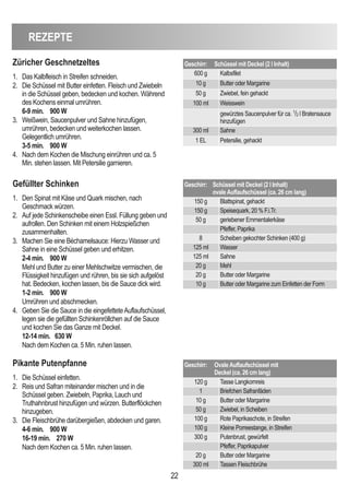 22
ReZePTe
Gefüllter Schinken
1. Den Spinat mit Käse und Quark mischen, nach
Geschmack würzen.
2. Auf jede Schinkenscheibe einen Essl. Füllung geben und
aufrollen. Den Schinken mit einem Holzspießchen
zusammenhalten.
3. Machen Sie eine Béchamelsauce: Hierzu Wasser und
Sahne in eine Schüssel geben und erhitzen.
2-4 min. 900 W
Mehl und Butter zu einer Mehlschwitze vermischen, die
Flüssigkeit hinzufügen und rühren, bis sie sich aufgelöst
hat. Bedecken, kochen lassen, bis die Sauce dick wird.
1-2 min. 900 W
Umrühren und abschmecken.
4. Geben Sie die Sauce in die eingefetteteAuflaufschüssel,
legen sie die gefüllten Schinkenröllchen auf die Sauce
und kochen Sie das Ganze mit Deckel.
12-14 min. 630 W
Nach dem Kochen ca. 5 Min. ruhen lassen.
Geschirr: Schüssel mit deckel (2 i inhalt)
ovaleAuflaufschüssel (ca. 26 cm lang)
150 g Blattspinat, gehackt
150 g Speisequark, 20 % F.i.Tr.
50 g geriebener Emmentalerkäse
Pfeffer, Paprika
8 Scheiben gekochter Schinken (400 g)
125 ml Wasser
125 ml Sahne
20 g Mehl
20 g Butter oder Margarine
10 g Butter oder Margarine zum Einfetten der Form
Züricher Geschnetzeltes
1. Das Kalbfleisch in Streifen schneiden.
2. Die Schüssel mit Butter einfetten. Fleisch und Zwiebeln
in die Schüssel geben, bedecken und kochen. Während
des Kochens einmal umrühren.
6-9 min. 900 W
3. Weißwein, Saucenpulver und Sahne hinzufügen,
umrühren, bedecken und weiterkochen lassen.
Gelegentlich umrühren.
3-5 min. 900 W
4. Nach dem Kochen die Mischung einrühren und ca. 5
Min. stehen lassen. Mit Petersilie garnieren.
Geschirr: Schüssel mit deckel (2 l inhalt)
600 g Kalbsfilet
10 g Butter oder Margarine
50 g Zwiebel, fein gehackt
100 ml Weisswein
gewürztes Saucenpulver für ca. 1
/2 l Bratensauce
hinzufügen
300 ml Sahne
1 EL Petersilie, gehackt
Pikante Putenpfanne
1. Die Schüssel einfetten.
2. Reis und Safran miteinander mischen und in die
Schüssel geben. Zwiebeln, Paprika, Lauch und
Truthahnbrust hinzufügen und würzen. Butterflöckchen
hinzugeben.
3. Die Fleischbrühe darübergießen, abdecken und garen.
4-6 min. 900 W
16-19 min. 270 W
Nach dem Kochen ca. 5 Min. ruhen lassen.
Geschirr: OvaleAuflaufschüssel mit
deckel (ca. 26 cm lang)
120 g Tasse Langkornreis
1 Briefchen Safranfäden
10 g Butter oder Margarine
50 g Zwiebel, in Scheiben
100 g Rote Paprikaschote, in Streifen
100 g Kleine Porreestange, in Streifen
300 g Putenbrust, gewürfelt
Pfeffer, Paprikapulver
20 g Butter oder Margarine
300 ml Tassen Fleischbrühe
 