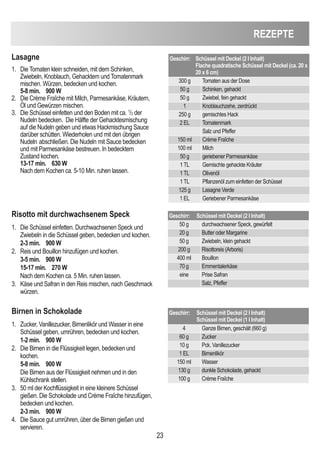 23
ReZePTe
Lasagne
1. Die Tomaten klein schneiden, mit dem Schinken,
Zwiebeln, Knoblauch, Gehacktem und Tomatenmark
mischen. Würzen, bedecken und kochen.
5-8 min. 900 W
2. Die Crème Fraîche mit Milch, Parmesankäse, Kräutern,
Öl und Gewürzen mischen.
3. Die Schüssel einfetten und den Boden mit ca. 1
/3 der
Nudeln bedecken. Die Hälfte der Gehacktesmischung
auf die Nudeln geben und etwas Hackmischung Sauce
darüber schütten. Wiederholen und mit den übrigen
Nudeln abschließen. Die Nudeln mit Sauce bedecken
und mit Parmesankäse bestreuen. In bedecktem
Zustand kochen.
13-17 min. 630 W
Nach dem Kochen ca. 5-10 Min. ruhen lassen.
Geschirr: Schüssel mit deckel (2 i inhalt)
Flache quadratische Schüssel mit deckel (ca. 20 x
20 x 6 cm)
300 g Tomaten aus der Dose
50 g Schinken, gehackt
50 g Zwiebel, fein gehackt
1 Knoblauchzehe, zerdrückt
250 g gemischtes Hack
2 EL Tomatenmark
Salz und Pfeffer
150 ml Crème Fraîche
100 ml Milch
50 g geriebener Parmesankäse
1 TL Gemischte gehackte Kräuter
1 TL Olivenöl
1 TL Pflanzenöl zum einfetten der Schüssel
125 g Lasagne Verde
1 EL Geriebener Parmesankäse
Birnen in Schokolade
1. Zucker, Vanillezucker, Birnenlikör und Wasser in eine
Schüssel geben, umrühren, bedecken und kochen.
1-2 min. 900 W
2. Die Birnen in die Flüssigkeit legen, bedecken und
kochen.
5-8 min. 900 W
Die Birnen aus der Flüssigkeit nehmen und in den
Kühlschrank stellen.
3. 50 ml der Kochflüssigkeit in eine kleinere Schüssel
gießen. Die Schokolade und Crème Fraîche hinzufügen,
bedecken und kochen.
2-3 min. 900 W
4. Die Sauce gut umrühren, über die Birnen gießen und
servieren.
Geschirr: Schüssel mit deckel (2 i inhalt)
Schüssel mit deckel (1 i inhalt)
4 Ganze Birnen, geschält (660 g)
60 g Zucker
10 g Pck. Vanillezucker
1 EL Birnenlikör
150 ml Wasser
130 g dunkle Schokolade, gehackt
100 g Crème Fraîche
Risotto mit durchwachsenem Speck
1. Die Schüssel einfetten. Durchwachsenen Speck und
Zwiebeln in die Schüssel geben, bedecken und kochen.
2-3 min. 900 W
2. Reis und Bouillon hinzufügen und kochen.
3-5 min. 900 W
15-17 min. 270 W
Nach dem Kochen ca. 5 Min. ruhen lassen.
3. Käse und Safran in den Reis mischen, nach Geschmack
würzen.
Geschirr: Schüssel mit deckel (2 i inhalt)
50 g durchwachsener Speck, gewürfelt
20 g Butter oder Margarine
50 g Zwiebeln, klein gehackt
200 g Risottoreis (Arboris)
400 ml Bouillon
70 g Emmentalerkäse
eine Prise Safran
Salz, Pfeffer
 