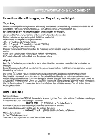 UMWeLTinFORMATiOn  KUndendienST
29
Umweltfreundliche entsorgung von Verpackung und Altgerät
Verpackung
Unsere Mikrowellengeräte benötigen für den Transportweg eine wirksame Schutzverpackung. Dabei beschränken wir uns auf
das unbedingt Notwendige. Verpackungsteile (z.B. Folien, Styropor) können für Kinder gefährlich sein.
erstickungsgefahr! Verpackungsteile von Kindern fernhalten.
Alle verwendeten Verpackungsmaterialien sind umweltverträglich und wiederverwertbar.
Die Kartonteile sind ausAltpapier hergestellt, die Holzteile unbehandelt.
Die Kunststoffe sind folgendermaßen gekennzeichnet:
«PE» für Polyethylen, z.B. Verpackungsfolien
«PS» für Polystyrol, z.B. Polsterteile (grundsätzlich FCKW-frei)
«PP» für Polypropylen, z.B. Umbänderung.
Durch die Verwertung und Wiederverwendung der Verpackung können Rohstoffe gespart und das Müllvolumen verringert
werden.
Geben Sie die Verpackung zur Verwertung zum nächsten Recyclingcenter.
DieAnschrift erfahren Sie bei Ihrer Stadt- bzw. Gemeindeverwaltung.
Altgerät
Bevor Sie Ihr Gerät entsorgen, machen Sie es vorher unbrauchbar. Dazu Netzstecker ziehen, Netzkabel abschneiden und
beseitigen.
Bringen Sie das ausgediente Gerät zum nächsten Recyclingcenter oder zu Ihrem Fachhändler, der es gegen einen geringen
Kostenbeitrag zurücknimmt.
Das Symbol auf dem Produkt oder seiner Verpackung weist darauf hin, dass dieses Produkt nicht als normaler
Haushaltsabfall zu behandeln ist, sondern an einem Sammelpunkt für das Recycling von elektrischen und elektronischen
Geräten abgegeben werden muss. Durch Ihren Beitrag zum korrekten Entsorgen dieses Produkts schützen Sie die Umwelt und
die Gesundheit Ihrer Mitmenschen. Umwelt und Gesundheit werden durch falsches Entsorgen gefährdet. Weitere Informationen
über das Recycling dieses Produkts erhalten Sie von Ihrem Rathaus, Ihrer Müllabfuhr oder dem Geschäft, in dem Sie das
Produkt gekauft haben.
KUndendienST
Sehr geehrter Kunde,
der Werkskundendienst von ZANUSSI Hausgeräte ist dezentral organisiert. Damit bieten wir Ihnen überall einen zuverlässigen
Service. Unter der für Sie kostengünstigen Rufnummer
0180 322 66 22 (EUR 0.09 / Minute Deutsche Telecom)
können Sie im Bedarfsfall einen unserer Spezialisten oder Service-Partner anfordern.
Ihre Ersatzteil-Bestellung geben Sie bitte unter der zentralen Rufnummer
0180 5 00 10 76 auf. (EUR 0.14 / Minute Deutsche Telecom)
Mit freundlichen Grüßen
Ihr ZANUSSI Werkskundendienst
Sie können sich auch persönlich an unsere Service-Stellen wenden.
 