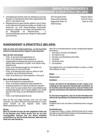 GARAnTieBedinGUnGen 
KUndendienST  eRSATZTeiLe (BeLGien)
3131
Sollte das Gerät nicht richtig funktionieren, vor dem Anruf beim
örtlichen Kundendienstzentrum folgende Punkte überprüfen:
Wenn der Ofen nicht einsetzt:
• Prüfen, ob das Gerät richtig angeschlossen ist.
• Prüfen, ob der Ofenstecker richtig eingesteckt ist.
• Gegebenenfalls die Stöpselsicherung durch eine andere der
gleichen Stärke austauschen und prüfen, ob der Stecker richtig
verkabelt wurde.
• Prüfen, ob der Steckdosenschalter bzw. der Schalter vom
Netzanschluss zum Ofen auf EIN steht.
• Prüfen, ob die Steckdose Strom bekommt. Hierfür ein Gerät
anschließen, das mit Sicherheit funktioniert.
• Prüfen, ob die Sicherung im Sicherungskasten in Ordnung ist.
Wenn die Mikrowelle nicht funktioniert:
• Kann die Kindersicherung eingeschaltet sein.
• Prüfen, ob die Bedienungselemente richtig eingestellt sind.
• Einstellungen/Verfahren mit Hilfe des Handbuches überprüfen.
• Prüfen, ob die Tür sauber schließt. (Wenn Lebensmittelreste oder
sonstige Gegenstände in der Tür hängen geblieben sind, schließt
diese nicht mehr richtig, und der Mikrowellenofen funktioniert
nicht.)
• Prüfen, ob der Startknopf gedrückt wurde.
Wenn der Ofen nach obigen Prüfungen immer noch nicht richtig
funktioniert, das örtliche ZANUSSI Kundendienstzentrum anrufen,
dessen Anschrift auf den folgenden Seiten dieses
Bedienungshandbuchs zu finden ist.
Wichtig:
Wenn ein Techniker für einen der oben aufgeführten Fehler oder
für die Reparatur eines Fehlers gerufen wird, der auf einen
unsachgemäßen Gebrauch bzw. eine falsche installation
zurückzuführen ist, wird der einsatz berechnet, selbst wenn das
Gerät noch unter Garantie ist.
Wenn Sie im Kundendienstzentrum anrufen, benötigt dieses folgende
Informationen:
1. Ihren Namen,Anschrift und Postleitzahl
2. Ihre Telefonnummer
3. Eine klare, kurze Beschreibung des Fehlers
4. Das Modell
5. Die Seriennummer
6. Das Kaufdatum
Wir empfehlen Ihnen, sich nachstehend Notizen zu machen, um diese
Daten griffbereit zu haben.
Modell: . . . . . . . . . . . . . . . . . . . . . . . . . . . . . . . . . . . . . . .
Seriennummer: . . . . . . . . . . . . . . . . . . . . . . . . . . . . . . . .
Kaufdatum: . . . . . . . . . . . . . . . . . . . . . . . . . . . . . . . . . . .
Kunden, die während der Garantiedauer anrufen, müssen zuvor
unbedingt die oben genannten Überprüfungen durchführen, da
der Techniker seinen einsatz berechnet, wenn das Problem nicht
aufeinenmechanischenoderelektrischendefektzurückzuführen
ist.
es wird darauf hingewiesen, dass bei Kunden-dienstbesuchen
währendderGarantiedauerdereinkaufsnachweisgefordertwird.
ersatzteile
Ersatzteile können über das örtliche Kundendienst-zentrum bezogen
werden.
Kundenbetreuung
Für allgemeine Fragen zu diesem ZANUSSI-Gerät oder für weitere
InformationenüberZANUSSI-ProduktekanndieKundenbetreuungper
Post oder per Telefon kontaktiert werden.
AEG Hausgeräte GmbH
Markenvertrieb ZANUSSI
Muggenhofer Straße 135
90429 Nürnberg
* Deutsche Telekom
EUR 0,09 / Minute
Stand Jan. 2002
KUndendienST  eRSATZTeiLe (BeLGien)
5. GarantieleistungenbewirkenwedereineVerlängerungnocheinen
NeubeginnderGarantiezeitfürdiesesGerät;ausgewechselteTeile
gehen in unser Eigentum über.
6. MängelansprücheausdieserGarantieverjähreninzwei(2)Jahren
abdemZeitpunktderÜbergabedesGerätesvomHändleranden
Verbraucher, der durch Original-Kaufbeleg (Kassenzettel,
Rechnung) zu belegen ist; wenn dieses Gerät gewerblich oder -
bei Waschgeräten und Wäschetrocknern - in
Gemeinschaftsanlagen genutzt wird, beträgt die Verjährungsfrist
sechs (6) Monate.
 