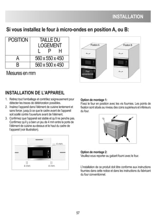 INSTALLATION
57
Si vous installez le four à micro-ondes en position A, ou b:
INSTALLATION DE L’APPAREIL
1. Retirez tout l’emballage et contrôlez soigneusement pour
détecter les traces de détérioration possibles.
2. Insérez l’appareil dans l’élément de cuisine lentement et
sans forcer, jusqu’à ce que le cadre avant de l’appareil
soit scellé contre l’ouverture avant de l’élément.
3. Confirmez que l’appareil est stable et qu’il ne penche pas.
Confirmez qu’il y a bien un jeu de 4 mm entre la porte de
l’élément de cuisine au-dessus et le haut du cadre de
l’appareil (voir illustration).
Option de montage 1:
Fixez le four en position avec les vis fournies. Les points de
fixationsontsituésauniveaudescoinssupérieursetinférieurs
du four.
Option de montage 2:
Veuillez-vous reporter au gabarit fourni avec le four.
L'installation de ce produit doit être conforme aux instructions
fournies dans cette notice et dans les instructions du fabricant
du four conventionnel.
Mesuresenmm
D
PositionA Position B
Four
conventionnel
POSITION TAILLEDU
LOGEMENT
L P H
A 560x550x450
B 560x500x450
4 mm
4 mm
4 mm
 