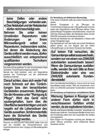 6
WicHTiGe SicHeRHeiTSHinWeiSe
keine dellen oder andere
Beschädigungen vorhandensein.
e)dasnetzkabelunddernetzstecker
dürfennichtbeschädigtsein.
nehmen Sie unter keinen
Umständen Reparaturen oder
Änderungen an ihrem
Mikrowellengerät selbst vor.
Reparaturen, insbesondere solche,
bei denen die Abdeckung des
Gerätsentferntwerdenmuss,dürfen
ausschließlich von entsprechend
qualifizierten Technikern
vorgenommenwerden.
DasGerätnichtbeigeöffneterTürodermitaufirgendeineWeise
veränderter Türsicherheitsverriegelung betreiben.
Niemals das Gerät betreiben, wenn sich Gegenstände
zwischen den Türdichtungen und den abdichtenden
Oberflächen befinden.
daraufachten,dasssichwederFett
noch Schmutz auf den Türdich-
tungen bzw. den benachbarten
Geräteteilen ansammeln. Befolgen
SiedieHinweiseunter"Reinigung&
Pflege". Wird das Gerät nicht
saubergehalten, kann dies die
Oberflächebeeinträchtigenundsich
negativ auf die Lebensdauer des
Gerätsauswirken.Schlimmstenfalls
kann die Sicherheit des Geräts
beeinträchtigtwerden.
Personen mit HERZSCHRITTMACHERN sollten ihren Arzt
oder den Hersteller des Herzschrittmachers nach
Vorsichtsmaßnahmen beim Umgang mit Mikrowellengeräten
befragen.
Zur Vermeidung von elektrischem Stromschlag
Unter keinen Umständen sollte das äußere Gehäuse entfernt
werden.
Niemals Flüssigkeiten in die Öffnungen der
Türsicherheitsverriegelung oder Lüftungsöffnungen kommen
lassen oder Gegenstände in diese Öffnungen stecken. Wenn
größereMengenFlüssigkeitenverschüttetwerden,müssenSie
sofort das Gerät ausschalten, den Netzstecker ziehen und den
ZANUSSI autorisierten Kundendienst anfordern.
Niemals das Netzkabel bzw. den Netzstecker in Wasser oder
andere Flüssigkeiten legen.
Das Netzkabel darf nicht über heiße oder scharfe Oberflächen
geführt werden, wie zum Beispiel über den heißen
Lüftungsöffnungen an der oberen Rückwand des Gerätes.
Auf keinen Fall versuchen, die
Garraumlampeselbstauszuwechseln,
sondernnurvoneinemvonZAnUSSi
autorisierten auswechseln lassen!
Wenn die Garraumlampe ausfallen
sollte,wendenSiesichbitteanihren
elektrohändler oder eine von
ZAnUSSi autorisierte Kunden-
dienststelle!
Wenn das Netzkabel beschädigt ist, muss es durch ein neues
Spezialkabel ersetzt werden. Bitte das Auswechseln durch
einen von ZANUSSI autorisierten Kundendienst vornehmen
lassen.
Zur Vermeidung von explosionen und plötzlichem Sieden
Warnung: Speisen in flüssiger und
anderer Form dürfen nicht in
verschlossenen Gefäßen erhitzt
werden,dasieexplodierenkönnten.
Niemals verschlossene Behälter verwenden. Verschlüsse und
Abdeckungenentfernen.VerschlosseneBehälterkönnendurch
den Druckanstieg selbst nach dem Ausschalten des Gerätes
noch explodieren.
Beim Erhitzen von Flüssigkeiten vorsichtig sein. Behälter mit
großer Öffnung verwenden, damit entstehende Blasen
entweichen können.
 