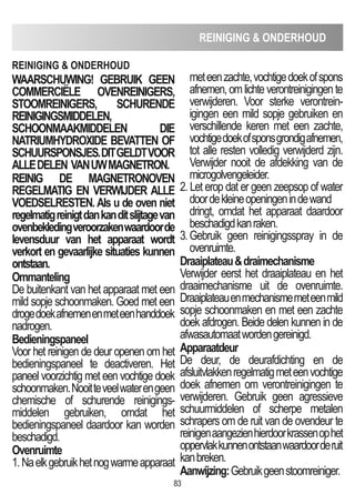83
REINIGING  ONDERHOUD
WAARSCHUWING! GEBRUIK GEEN
COmmERCIËLE OVENREINIGERS,
STOOmREINIGERS, SCHURENDE
REINIGINGSmIDDELEN,
SCHOONmAAKmIDDELEN DIE
NATRIUmHyDROXIDE BEVATTEN OF
SCHUURSPONSJES.DITGELDTVOOR
ALLEDELEN VANUWmAGNETRON.
REINIG DE mAGNETRONOVEN
REGELmATIG EN VERWIJDER ALLE
VOEDSELRESTEN. Als u de oven niet
regelmatigreinigtdankanditslijtagevan
ovenbekledingveroorzakenwaardoorde
levensduur van het apparaat wordt
verkort en gevaarlijke situaties kunnen
ontstaan.
Ommanteling
De buitenkant van het apparaat met een
mild sopje schoonmaken. Goed met een
drogedoekafnemenenmeteenhanddoek
nadrogen.
Bedieningspaneel
Voor het reinigen de deur openen om het
bedieningspaneel te deactiveren. Het
paneel voorzichtig met een vochtige doek
schoonmaken.Nooitteveelwaterengeen
chemische of schurende reinigings-
middelen gebruiken, omdat het
bedieningspaneel daardoor kan worden
beschadigd.
Ovenruimte
1.Naelkgebruikhetnogwarmeapparaat
meteenzachte,vochtigedoekofspons
afnemen, om lichte verontreinigingen te
verwijderen. Voor sterke verontrein-
igingen een mild sopje gebruiken en
verschillende keren met een zachte,
vochtigedoekofsponsgrondigafnemen,
tot alle resten volledig verwijderd zijn.
Verwijder nooit de afdekking van de
microgolvengeleider.
2. Let erop dat er geen zeepsop of water
doordekleineopeningenindewand
dringt, omdat het apparaat daardoor
beschadigdkanraken.
3.Gebruik geen reinigingsspray in de
ovenruimte.
Draaiplateaudraimechanisme
Verwijder eerst het draaiplateau en het
draaimechanisme uit de ovenruimte.
Draaiplateauenmechanismemeteenmild
sopje schoonmaken en met een zachte
doek afdrogen. Beide delen kunnen in de
afwasautomaatwordengereinigd.
Apparaatdeur
De deur, de deurafdichting en de
afsluitvlakkenregelmatigmeteenvochtige
doek afnemen om verontreinigingen te
verwijderen. Gebruik geen agressieve
schuurmiddelen of scherpe metalen
schrapers om de ruit van de ovendeur te
reinigenaangezienhierdoorkrassenophet
oppervlakkunnenontstaanwaardoorderuit
kanbreken.
Aanwijzing:Gebruikgeenstoomreiniger.
REINIGING  ONDERHOUD
 