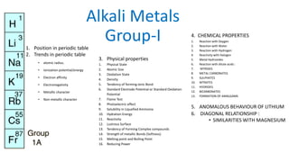 Alkali Metals
Group-I
3. Physical properties
1. Physical State
2. Atomic Size
3. Oxidation State
4. Density
5. Tendency of forming ionic Bond
6. Standard Electrode Potential or Standard Oxidation
Potential
7. Flame Test
8. Photoelectric effect
9. Solubility in Liquefied Ammonia
10. Hydration Energy
11. Reactivity
12. Lustrous Surface
13. Tendency of Forming Complex compounds
14. Strength of metallic Bonds (Softness)
15. Melting point and Boiling Point
16. Reducing Power
4. CHEMICAL PROPERTIES
1. Reaction with Oxygen
2. Reaction with Water
3. Reaction with Hydrogen
4. Reactivity with Halogen
5. Metal Hydroxides
6. Reaction with dilute acids :
7. NITRIDES
8. METAL CARBONATES
9. SULPHATES
10. NITRATES
11. HYDRIDES
12. BICARBONATES
13. FORMATION OF AMALGAMS
5. ANOMALOUS BEHAVIOUR OF LITHIUM
6. DIAGONAL RELATIONSHIP :
• SIMILARITIES WITH MAGNESIUM
1. Position in periodic table
2. Trends in periodic table
• atomic radius.
• Ionization potential/energy
• Electron affinity
• Electronegativity
• Metallic character
• Non-metallic character
 