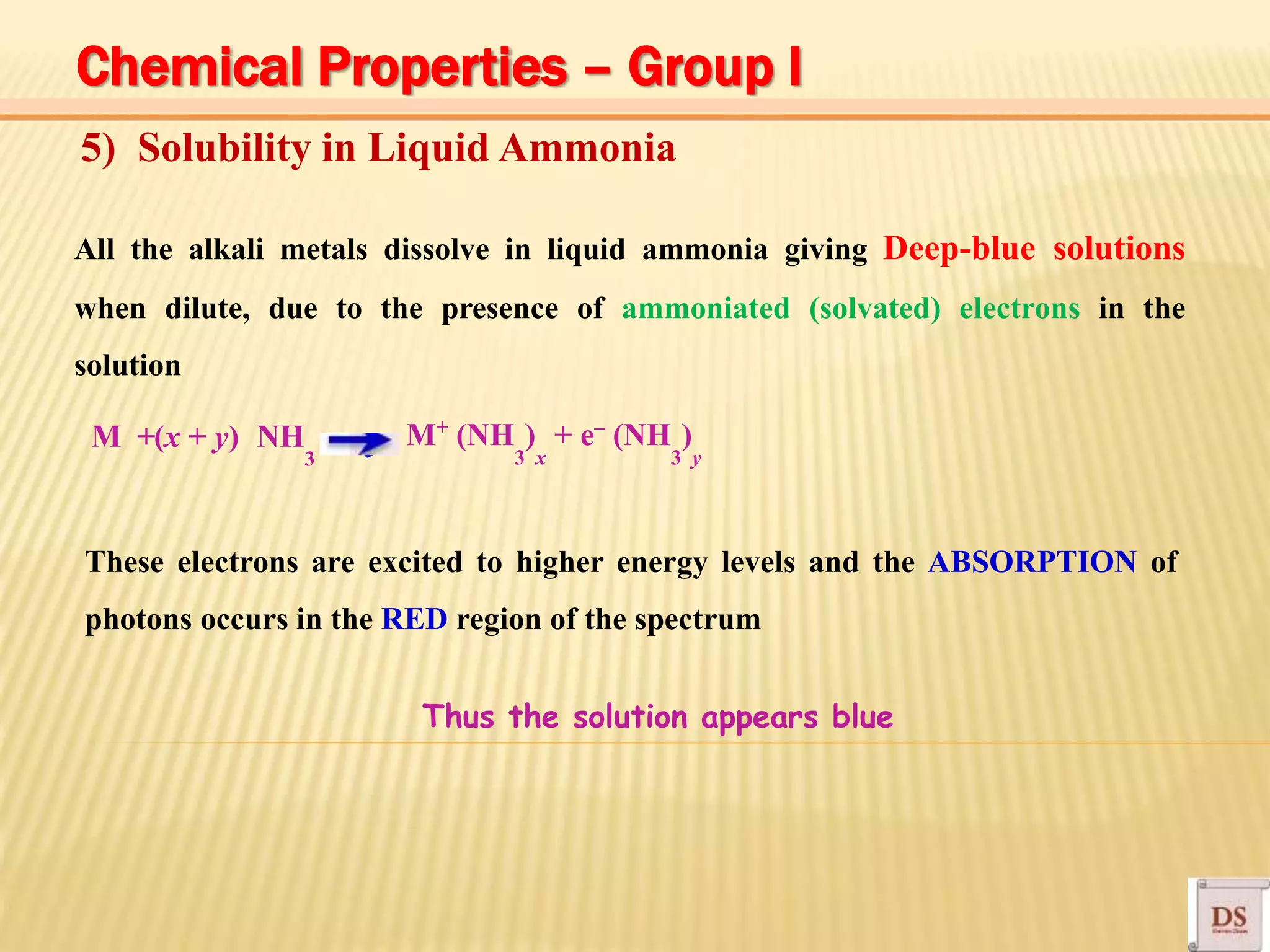 + –
5) Solubility in Liquid Ammonia
All the alkali metals dissolve in liquid ammonia giving Deep-blue solutions
when dilute, due to the presence of ammoniated (solvated) electrons in the
solution
M +(x + y) NH
3
M (NH ) + e (NH )
3 x 3 y
These electrons are excited to higher energy levels and the ABSORPTION of
photons occurs in the RED region of the spectrum
Thus the solution appears blue
Chemical Properties – Group I
 