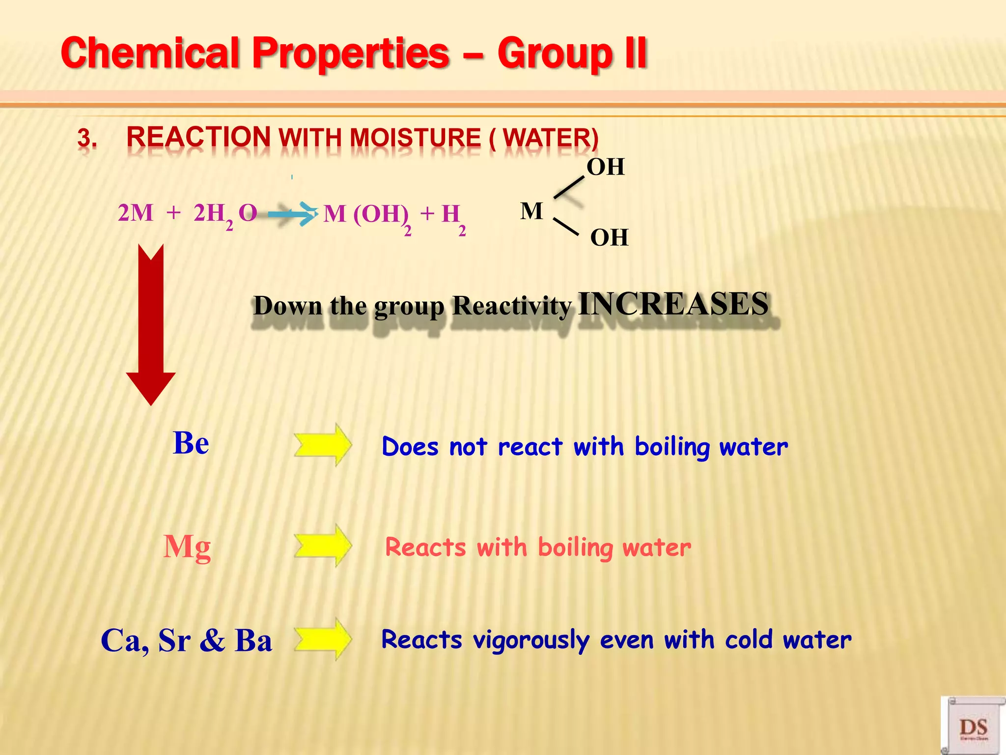 OH
OH
Down the group Reactivity INCREASES
Be Does not react with boiling water
Reacts with boiling waterMg
Ca, Sr & Ba Reacts vigorously even with cold water
3. REACTION WITH MOISTURE ( WATER)
2
2M + 2H O M (OH) + H
2 2
M
Chemical Properties – Group II
 