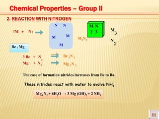 2. REACTION WITH NITROGEN
+3M + N2
M3N2
Be , Mg
N
M
M
N
M
M N
2 3
2
3 Be + N
Mg + N2
Be 3N 2
Mg N3 2
The ease of formation nitrides increases from Be to Ba.
These nitrides react with water to evolve NH3
Mg3 N2 + 6H2O → 3 Mg (OH)2 + 2 NH3
M
3
N
2
Chemical Properties – Group II
 