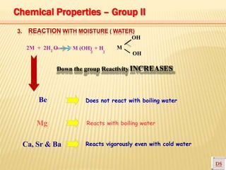 OH
OH
Down the group Reactivity INCREASES
Be Does not react with boiling water
Reacts with boiling waterMg
Ca, Sr & Ba Reacts vigorously even with cold water
3. REACTION WITH MOISTURE ( WATER)
2
2M + 2H O M (OH) + H
2 2
M
Chemical Properties – Group II
 