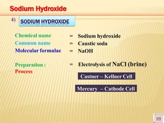 SODIUM HYDROXIDE4)
Chemical name
Common name
Molecular formulae
Preparation :
Process
= Sodium hydroxide
= Caustic soda
= NaOH
= Electrolysis of NaCl (brine)
Castner – Kellner Cell
Mercury – Cathode Cell
Sodium Hydroxide
 