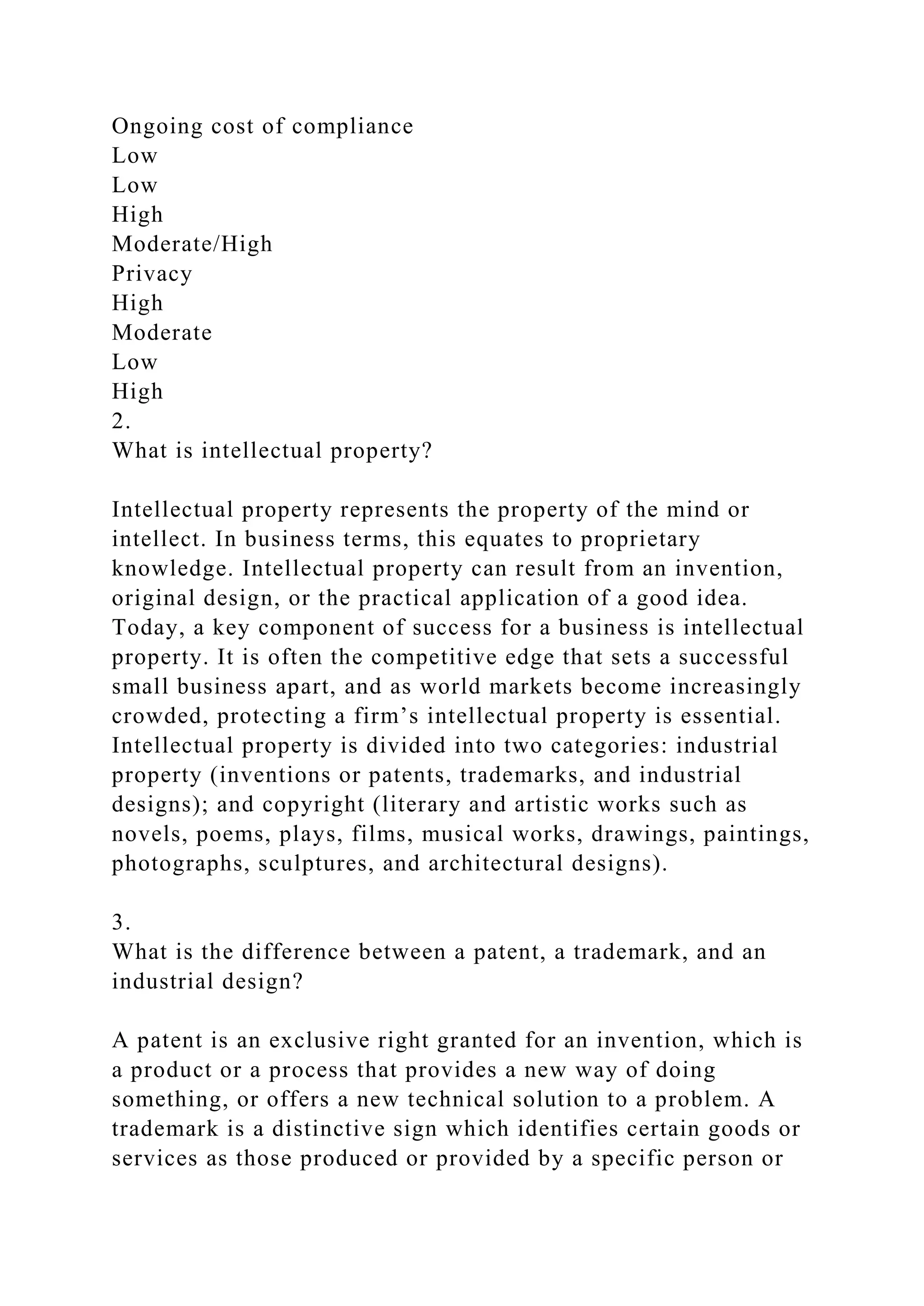 Ongoing cost of compliance
Low
Low
High
Moderate/High
Privacy
High
Moderate
Low
High
2.
What is intellectual property?
Intellectual property represents the property of the mind or
intellect. In business terms, this equates to proprietary
knowledge. Intellectual property can result from an invention,
original design, or the practical application of a good idea.
Today, a key component of success for a business is intellectual
property. It is often the competitive edge that sets a successful
small business apart, and as world markets become increasingly
crowded, protecting a firm’s intellectual property is essential.
Intellectual property is divided into two categories: industrial
property (inventions or patents, trademarks, and industrial
designs); and copyright (literary and artistic works such as
novels, poems, plays, films, musical works, drawings, paintings,
photographs, sculptures, and architectural designs).
3.
What is the difference between a patent, a trademark, and an
industrial design?
A patent is an exclusive right granted for an invention, which is
a product or a process that provides a new way of doing
something, or offers a new technical solution to a problem. A
trademark is a distinctive sign which identifies certain goods or
services as those produced or provided by a specific person or
 