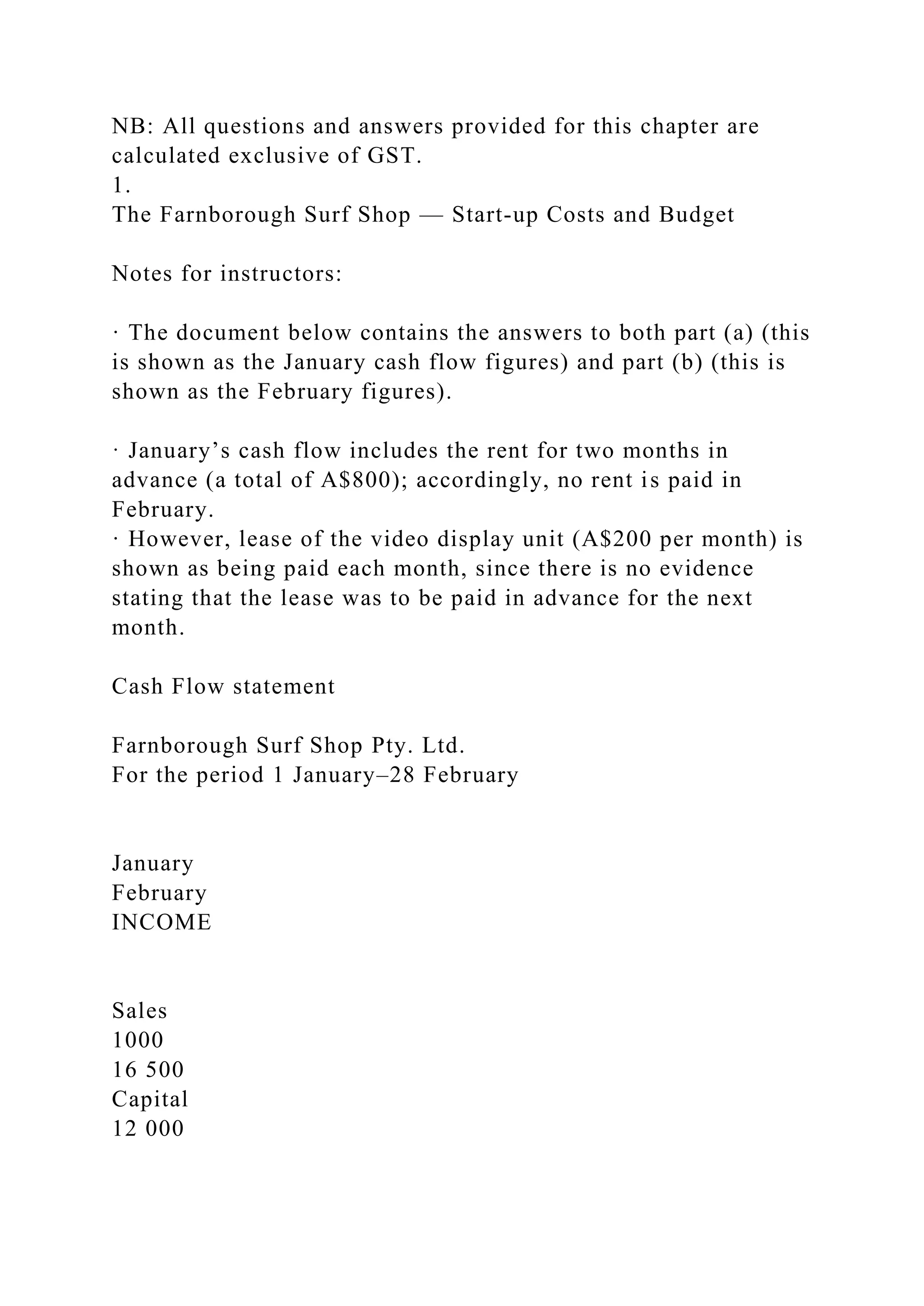 NB: All questions and answers provided for this chapter are
calculated exclusive of GST.
1.
The Farnborough Surf Shop — Start-up Costs and Budget
Notes for instructors:
· The document below contains the answers to both part (a) (this
is shown as the January cash flow figures) and part (b) (this is
shown as the February figures).
· January’s cash flow includes the rent for two months in
advance (a total of A$800); accordingly, no rent is paid in
February.
· However, lease of the video display unit (A$200 per month) is
shown as being paid each month, since there is no evidence
stating that the lease was to be paid in advance for the next
month.
Cash Flow statement
Farnborough Surf Shop Pty. Ltd.
For the period 1 January–28 February
January
February
INCOME
Sales
1000
16 500
Capital
12 000
 