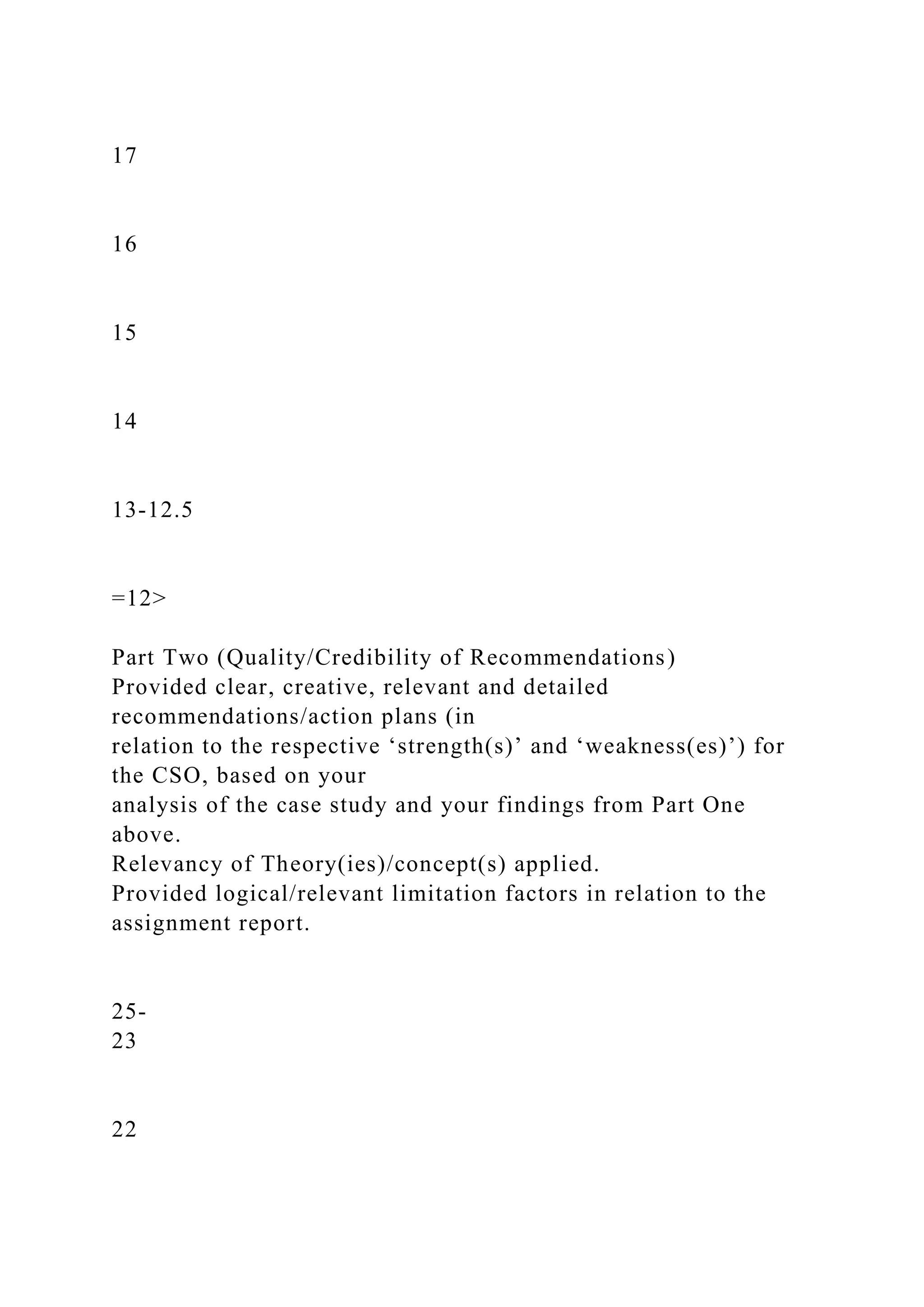 17
16
15
14
13-12.5
=12>
Part Two (Quality/Credibility of Recommendations)
Provided clear, creative, relevant and detailed
recommendations/action plans (in
relation to the respective ‘strength(s)’ and ‘weakness(es)’) for
the CSO, based on your
analysis of the case study and your findings from Part One
above.
Relevancy of Theory(ies)/concept(s) applied.
Provided logical/relevant limitation factors in relation to the
assignment report.
25-
23
22
 