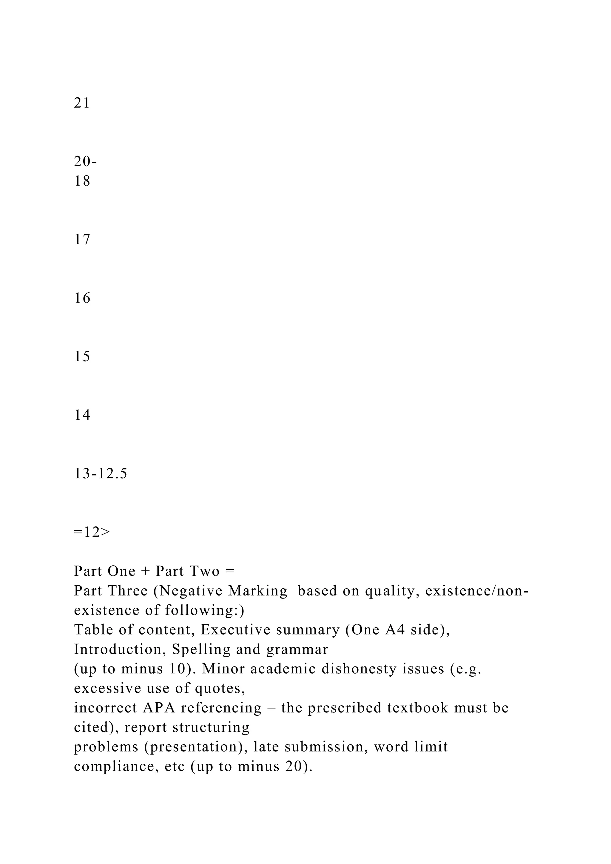 21
20-
18
17
16
15
14
13-12.5
=12>
Part One + Part Two =
Part Three (Negative Marking based on quality, existence/non-
existence of following:)
Table of content, Executive summary (One A4 side),
Introduction, Spelling and grammar
(up to minus 10). Minor academic dishonesty issues (e.g.
excessive use of quotes,
incorrect APA referencing – the prescribed textbook must be
cited), report structuring
problems (presentation), late submission, word limit
compliance, etc (up to minus 20).
 