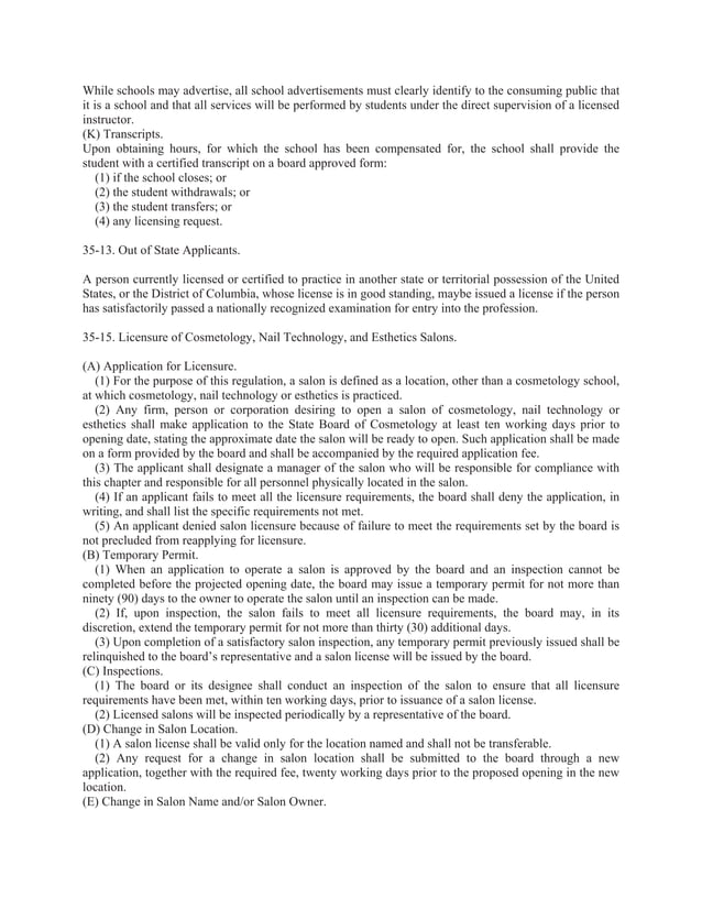 S.c. code of regulations chapter 35 board of cosmetology PDF