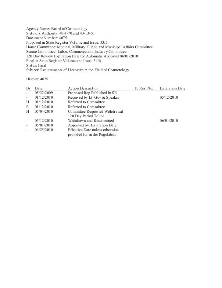 S.c. code of regulations chapter 35 board of cosmetology