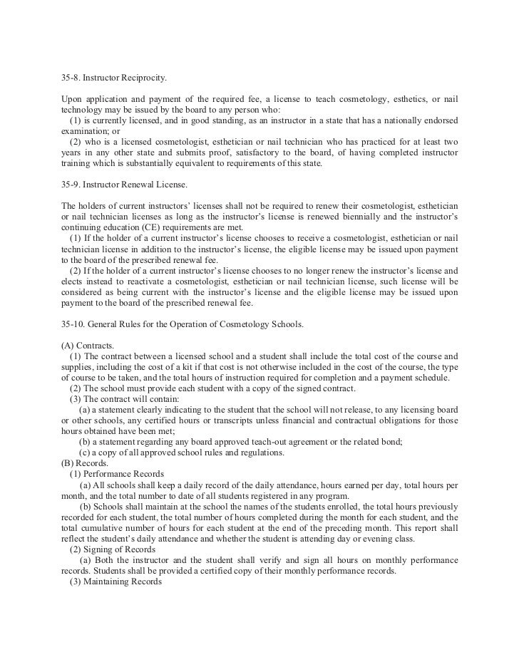 S.c. code of regulations chapter 35 board of cosmetology