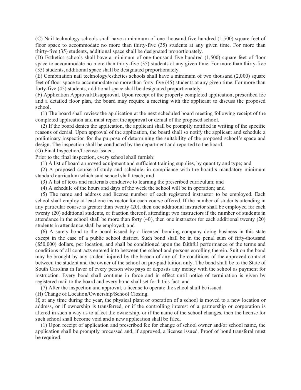 S.c. code of regulations chapter 35 board of cosmetology