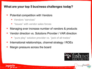 What are your top 5 business challenges today?  Potential competition with Vendors Vendors “services” “ Issues” with vendor sales forces Managing ever increase number of vendors & products  Vendor direction vs. Solutions Provider / VAR direction “ pure play” solution provider vs. “jack of all trades” International relationships, channel strategy / ROEs Margin pressure across the board 