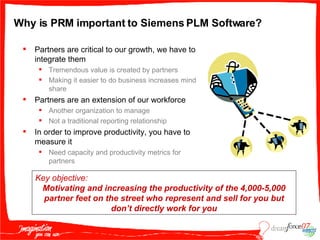 Why is PRM important to Siemens PLM Software? Partners are critical to our growth, we have to integrate them Tremendous value is created by partners Making it easier to do business increases mind share Partners are an extension of our workforce Another organization to manage Not a traditional reporting relationship In order to improve productivity, you have to measure it Need capacity and productivity metrics for partners Key objective: Motivating and increasing the productivity of the 4,000-5,000 partner feet on the street who represent and sell for you but don’t directly work for you 