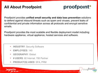 All About Proofpoint INDUSTRY : Security Software EMPLOYEES : 140 GEOGRAPHY : Global #   USERS : 80 Internal, 700 Partner PRODUCT(S) USED : SFA, PRM Proofpoint provides  unified email security and data loss prevention  solutions to defend against inbound threats such as spam and viruses, prevent leaks of confidential and private information across all protocols and encrypt sensitive emails.  Proofpoint provides the most scalable and flexible deployment model including: hardware appliance, virtual appliance, hosted services and software. 