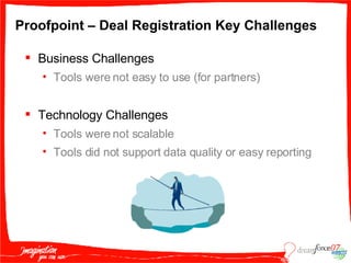 Proofpoint – Deal Registration Key Challenges Business Challenges Tools were not easy to use (for partners) Technology Challenges Tools were not scalable Tools did not support data quality or easy reporting 