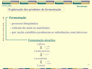 14 Microbiologia 14-Dez-2006 Exploração dos produtos da fermentação - processo bioquímico - retiram do meio os nutrientes - por acção catalítica produzem-se substâncias com interesse Fermentação Fermentação alcoólica S. cerevisiae 1 glicose 2 ácido pirúvico 2 acetaldeído 2 etanol 2 ADP 2ATP CO2 NAD NADH+ 