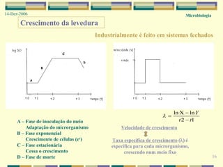 16 Microbiologia 14-Dez-2006 Crescimento da levedura Industrialmente é feito em sistemas fechados A – Fase de inoculação do meio Adaptação do microrganismo B – Fase exponencial Crescimento de células (e x ) C – Fase estacionária Cessa o crescimento D – Fase de morte Taxa específica de crescimento    é específica para cada microrganismo, crescendo num meio fixo Velocidade de crescimento 