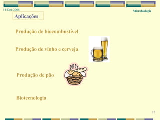 Microbiologia 14-Dez-2006 17 Aplicações Produção de biocombustível Biotecnologia Produção de pão Produção de vinho e cerveja 