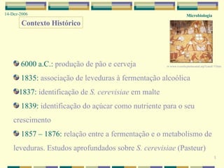 1 Contexto Histórico 6000 a.C.:  produção de pão e cerveja 1835:  associação de leveduras à fermentação alcoólica 1837:  identificação de  S. cerevisiae  em malte 1839:  identificação do açúcar como nutriente para o seu crescimento 1857 – 1876:  relação entre a fermentação e o metabolismo de leveduras. Estudos aprofundados sobre  S. cerevisiae  (Pasteur) Microbiologia 14-Dez-2006 in  www.e-esola.ptsitecanal.asp?canal=5.htm 