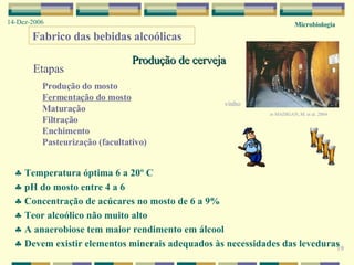 Microbiologia 14-Dez-2006 19 Fabrico das bebidas alcoólicas vinho Produção de cerveja Etapas Produção do mosto Fermentação do mosto Maturação Filtração Enchimento Pasteurização (facultativo) Temperatura óptima 6 a 20º C pH do mosto entre 4 a 6 Concentração de acúcares no mosto de 6 a 9% Teor alcoólico não muito alto A anaerobiose tem maior rendimento em álcool Devem existir elementos minerais adequados às necessidades das leveduras in  MADIGAN, M. et al. 2004 