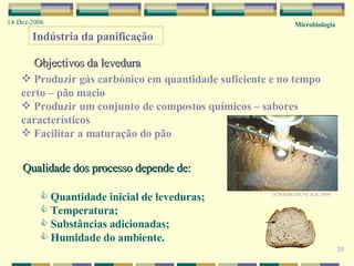 Microbiologia 14-Dez-2006 20 Indústria da panificação Objectivos da levedura Produzir gás carbónico em quantidade suficiente e no tempo certo – pão macio Produzir um conjunto de compostos químicos – sabores característicos Facilitar a maturação do pão Qualidade dos processo depende de: Quantidade inicial de leveduras; Temperatura; Substâncias adicionadas; Humidade do ambiente. in  MADIGAN, M. et al. 2004 