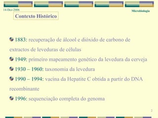 2 Contexto Histórico 1883:  recuperação de álcool e dióxido de carbono de extractos de leveduras de células 1949:  primeiro mapeamento genético da levedura da cerveja 1930 – 1960:  taxonomia da levedura 1990 – 1994:  vacina da Hepatite C obtida a partir do DNA recombinante 1996:  sequenciação completa do genoma Microbiologia 14-Dez-2006 