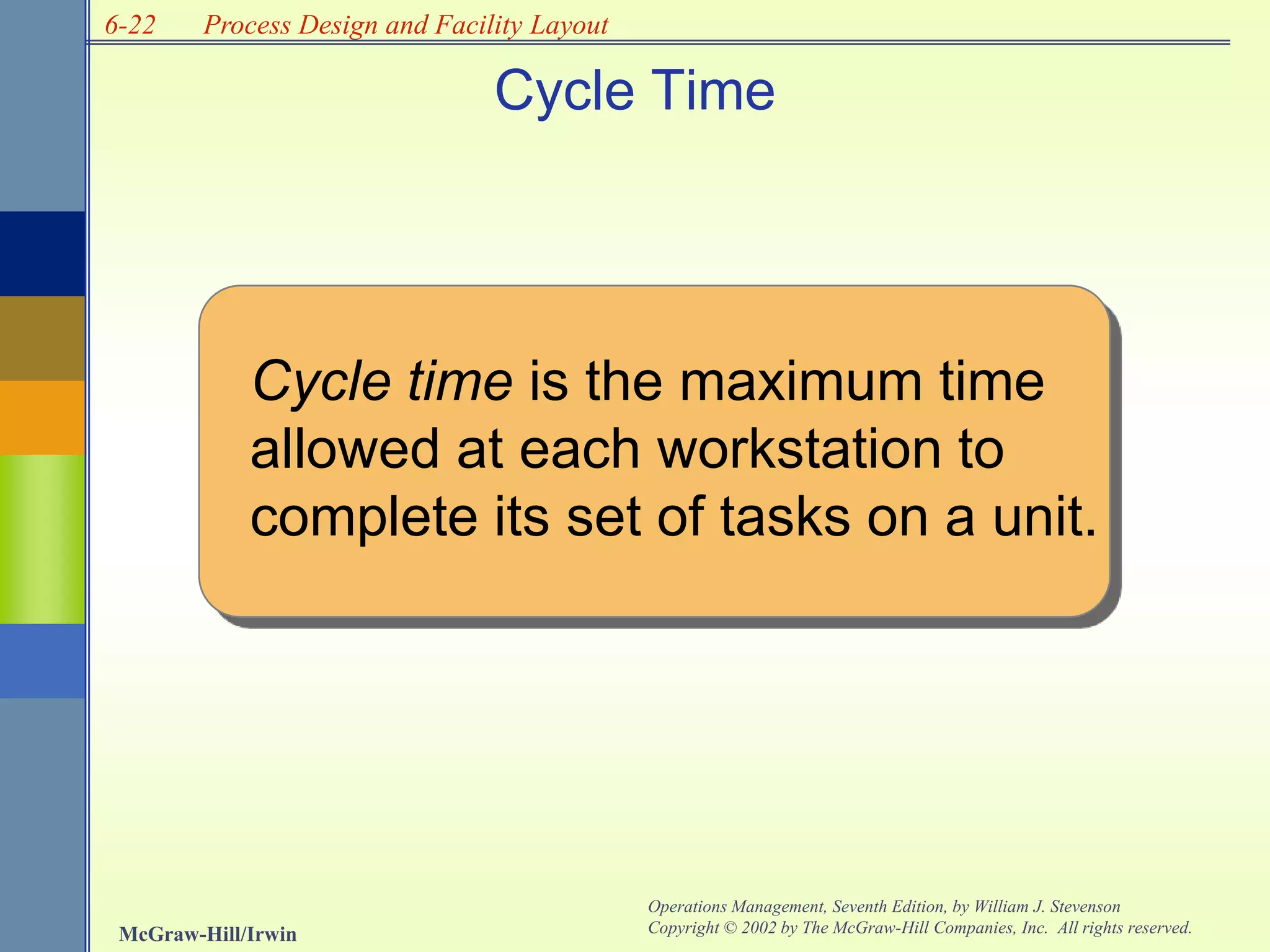 6-22
McGraw-Hill/Irwin
Operations Management, Seventh Edition, by William J. Stevenson
Copyright © 2002 by The McGraw-Hill Companies, Inc. All rights reserved.
Process Design and Facility Layout
Cycle Time
Cycle time is the maximum time
allowed at each workstation to
complete its set of tasks on a unit.
 