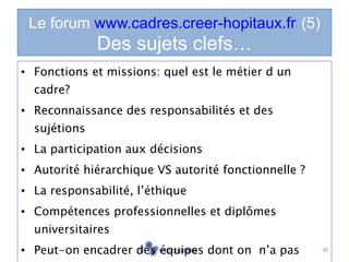 Le forum  www.cadres.creer-hopitaux.fr   (5) Des sujets clefs… <ul><li>Fonctions et missions: quel est le métier d un cadr...