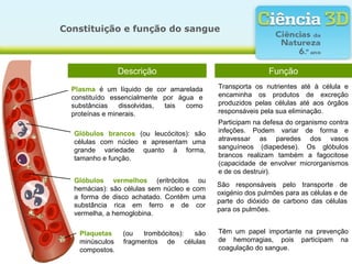 Constituição e função do sangue



                 Descrição                                  Função
  Plasma é um líquido de cor amarelada      Transporta os nutrientes até à célula e
  constituído essencialmente por água e     encaminha os produtos de excreção
  substâncias    dissolvidas, tais como     produzidos pelas células até aos órgãos
  proteínas e minerais.                     responsáveis pela sua eliminação.
                                            Participam na defesa do organismo contra
  Glóbulos brancos (ou leucócitos): são     infeções. Podem variar de forma e
  células com núcleo e apresentam uma       atravessar as paredes dos vasos
  grande variedade quanto à forma,          sanguíneos (diapedese). Os glóbulos
  tamanho e função.                         brancos realizam também a fagocitose
                                            (capacidade de envolver microrganismos
                                            e de os destruir).
  Glóbulos vermelhos (eritrócitos ou
                                            São responsáveis pelo transporte de
  hemácias): são células sem núcleo e com
                                            oxigénio dos pulmões para as células e de
  a forma de disco achatado. Contêm uma
                                            parte do dióxido de carbono das células
  substância rica em ferro e de cor
                                            para os pulmões.
  vermelha, a hemoglobina.

    Plaquetas     (ou   trombócitos): são   Têm um papel importante na prevenção
    minúsculos    fragmentos de células     de hemorragias, pois participam na
    compostos.                              coagulação do sangue.
 