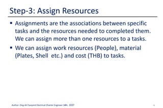 18Author: Ong-Art Sanpinit Electrical Charter Engineer วฟก. 1037
 Assignments are the associations between specific
tasks and the resources needed to completed them.
We can assign more than one resources to a tasks.
 We can assign work resources (People), material
(Plates, Shell etc.) and cost (THB) to tasks.
Step-3: Assign Resources
 