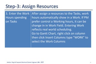 21Author: Ong-Art Sanpinit Electrical Charter Engineer วฟก. 1037
Step-3: Assign Resources
3. Enter the Work
Hours spending
on Tasks
After assign a resources to the Tasks, work
hours automatically show in a Work. If PM
prefer control a Working hours, it can be
change in in Work Field. Entering Work
reflects real world scheduling.
Go to Gantt Chart, right click on column
then click Insert Columns type "WORK” to
select the Work Columns
 