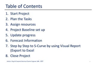 4Author: Ong-Art Sanpinit Electrical Charter Engineer วฟก. 1037
1. Start Project
2. Plan the Tasks
3. Assign resources
4. Project Baseline set up
5. Update progress
6. Forecast Information
7. Step by Step to S-Curve by using Visual Report
(Export to Excel
8. Close Project
Table of Contents
 