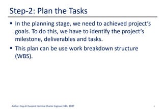 9Author: Ong-Art Sanpinit Electrical Charter Engineer วฟก. 1037
 In the planning stage, we need to achieved project’s
goals. To do this, we have to identify the project’s
milestone, deliverables and tasks.
 This plan can be use work breakdown structure
(WBS).
Step-2: Plan the Tasks
 