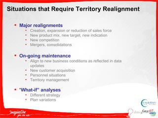Major realignments Creation, expansion or reduction of sales force New product mix, new target, new indication New competition Mergers, consolidations On-going maintenance Align to new business conditions as reflected in data updates New customer acquisition Personnel situations Territory management “ What-if” analyses Different strategy Plan variations Situations that Require Territory Realignment 