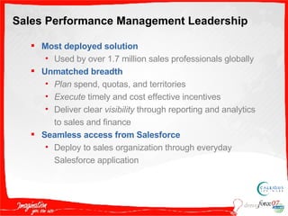 Sales Performance Management Leadership Most deployed solution Used by over 1.7 million sales professionals globally Unmatched breadth Plan  spend, quotas, and territories Execute  timely and cost effective incentives Deliver clear  visibility  through reporting and analytics to sales and finance Seamless access from Salesforce Deploy to sales organization through everyday Salesforce application 