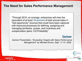 The Need for Sales Performance Management “ Through 2010, on average, enterprises will miss the equivalent of at least  10 percent   of total annual sales in "lost opportunity" revenue that could have been captured with improved processes for defining, assigning and managing territories, quotas, and incentives and compensation plans. 0.8 Probability” Gartner Presentation, “Exceeding Targets with Sales Performance Management” by Michael Dunne, Sept. 11-13, 2006.  