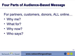 Four Parts of Audience-Based Message For partners, customers, donors, ALL online… Why me? What for? Why now? Who says? 
